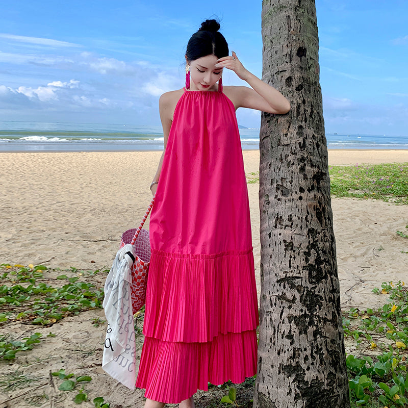 CM-DY094861 Women Trendy Bohemian Style Halter Sleeveless Pleated Long Dress