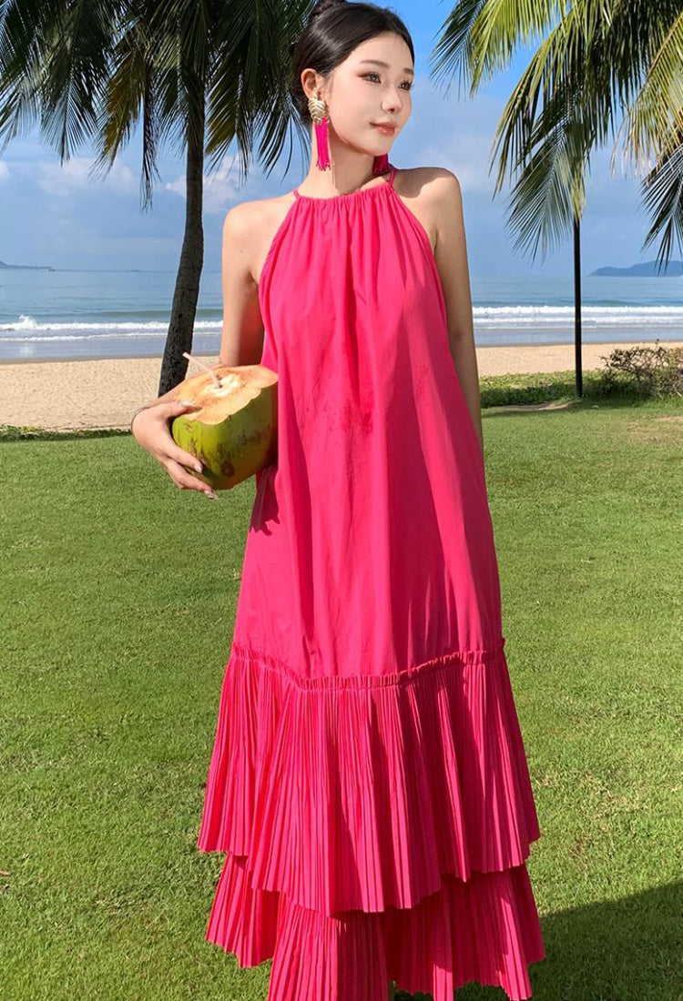 CM-DY094861 Women Trendy Bohemian Style Halter Sleeveless Pleated Long Dress