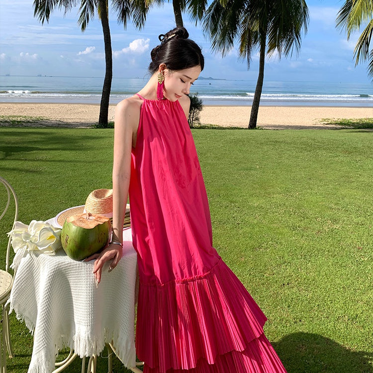 CM-DY094861 Women Trendy Bohemian Style Halter Sleeveless Pleated Long Dress