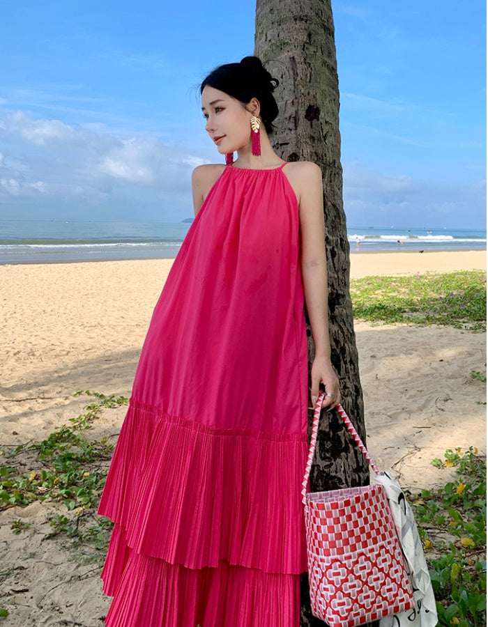 CM-DY094861 Women Trendy Bohemian Style Halter Sleeveless Pleated Long Dress
