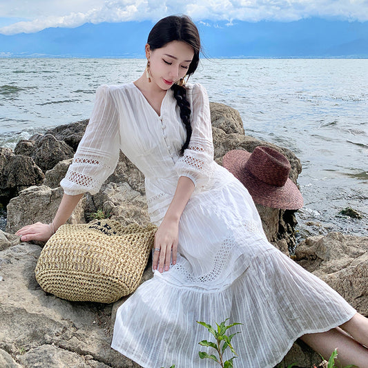 CM-DY094862 Women Trendy Bohemian Style Lace V-Neck Lantern Sleeve Long Dress - White