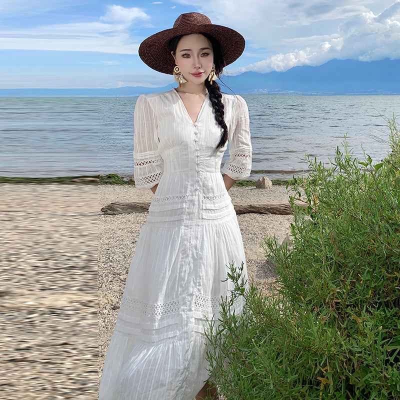 CM-DY094862 Women Trendy Bohemian Style Lace V-Neck Lantern Sleeve Long Dress - White
