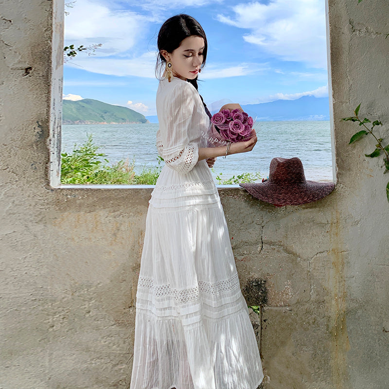 CM-DY094862 Women Trendy Bohemian Style Lace V-Neck Lantern Sleeve Long Dress - White