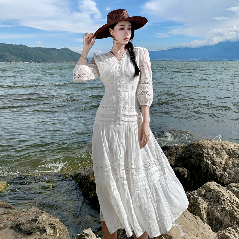 CM-DY094862 Women Trendy Bohemian Style Lace V-Neck Lantern Sleeve Long Dress - White