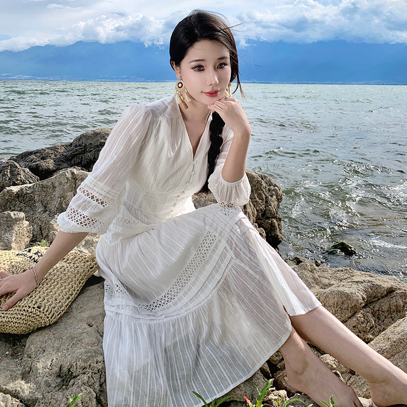 CM-DY094862 Women Trendy Bohemian Style Lace V-Neck Lantern Sleeve Long Dress - White