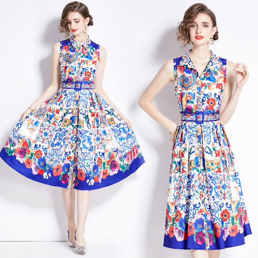 CM-DY094882 Women Retro European Style Collar Neckline Sleeveless Pinched Waist Midi Dress