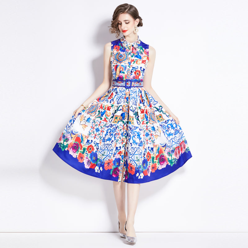 CM-DY094882 Women Retro European Style Collar Neckline Sleeveless Pinched Waist Midi Dress