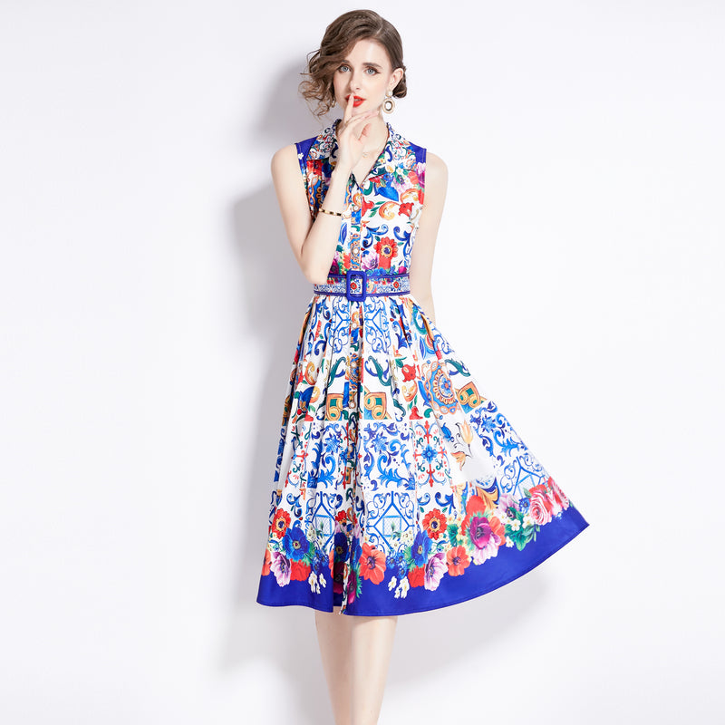 CM-DY094882 Women Retro European Style Collar Neckline Sleeveless Pinched Waist Midi Dress
