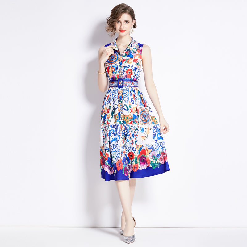 CM-DY094882 Women Retro European Style Collar Neckline Sleeveless Pinched Waist Midi Dress