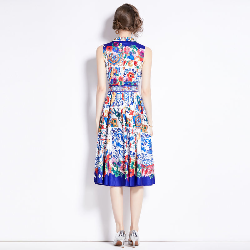 CM-DY094882 Women Retro European Style Collar Neckline Sleeveless Pinched Waist Midi Dress