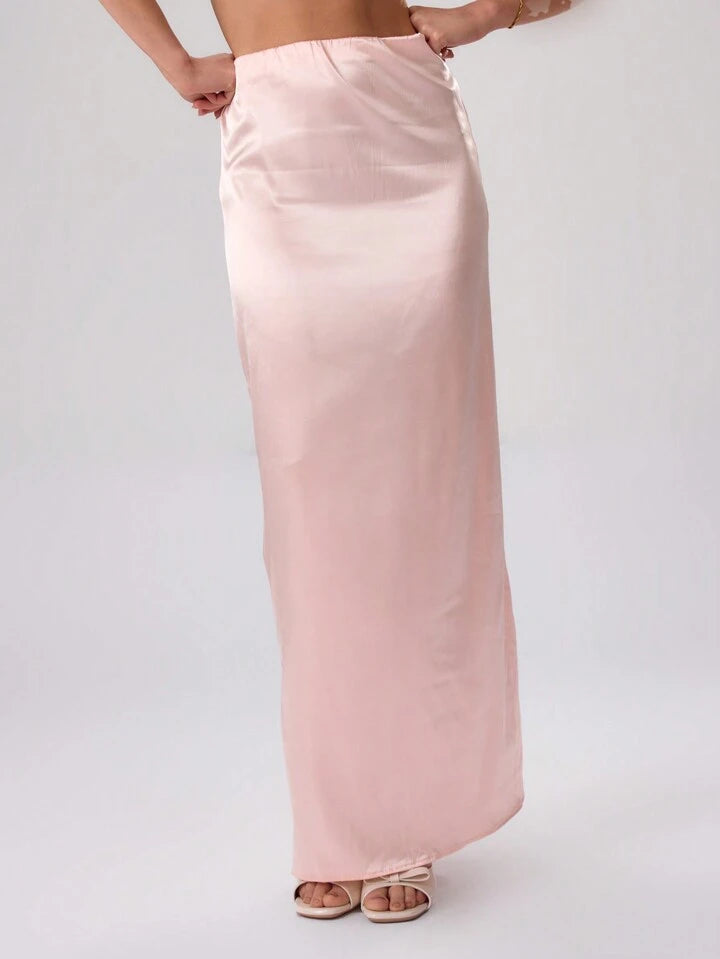 CM-BS558955 Women Elegant Seoul Style Satin Low Rise Maxi Skirt - Baby Pink