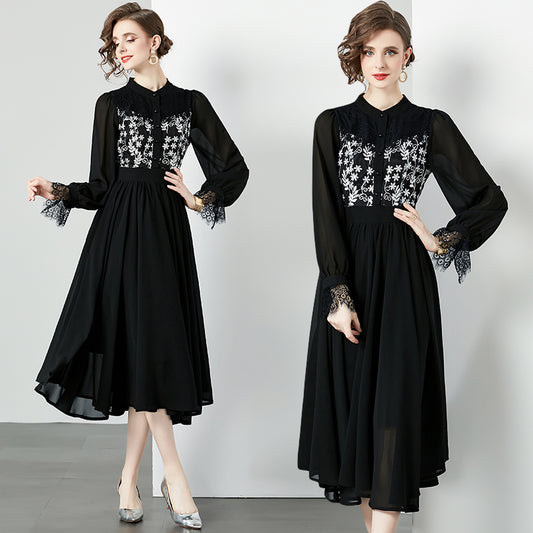 CM-DY095110 Women Elegant European Style Stand Collar Lace Embroidery Midi Dress
