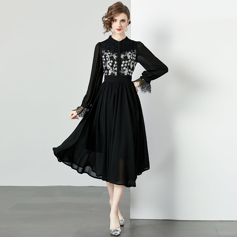 CM-DY095110 Women Elegant European Style Stand Collar Lace Embroidery Midi Dress