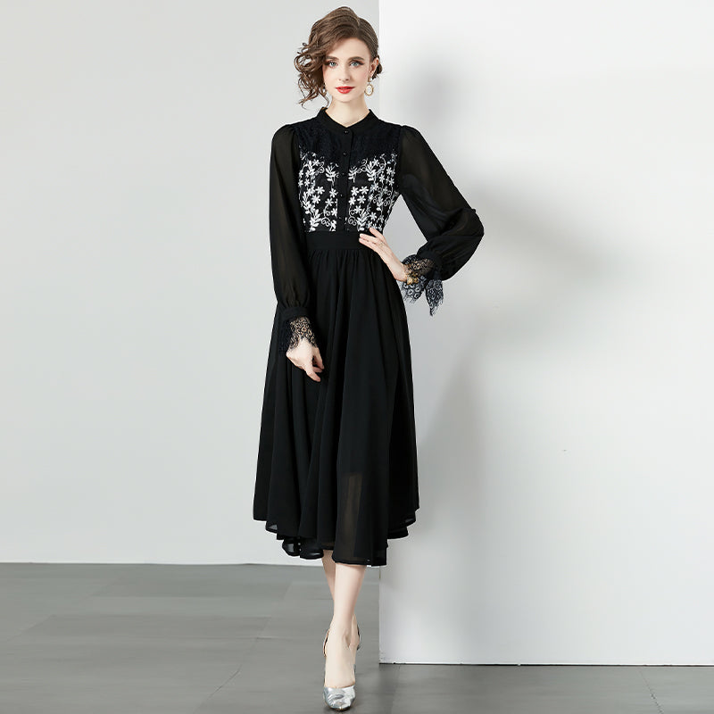 CM-DY095110 Women Elegant European Style Stand Collar Lace Embroidery Midi Dress