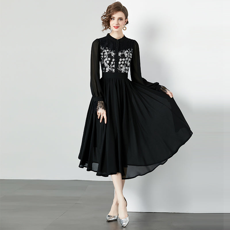 CM-DY095110 Women Elegant European Style Stand Collar Lace Embroidery Midi Dress