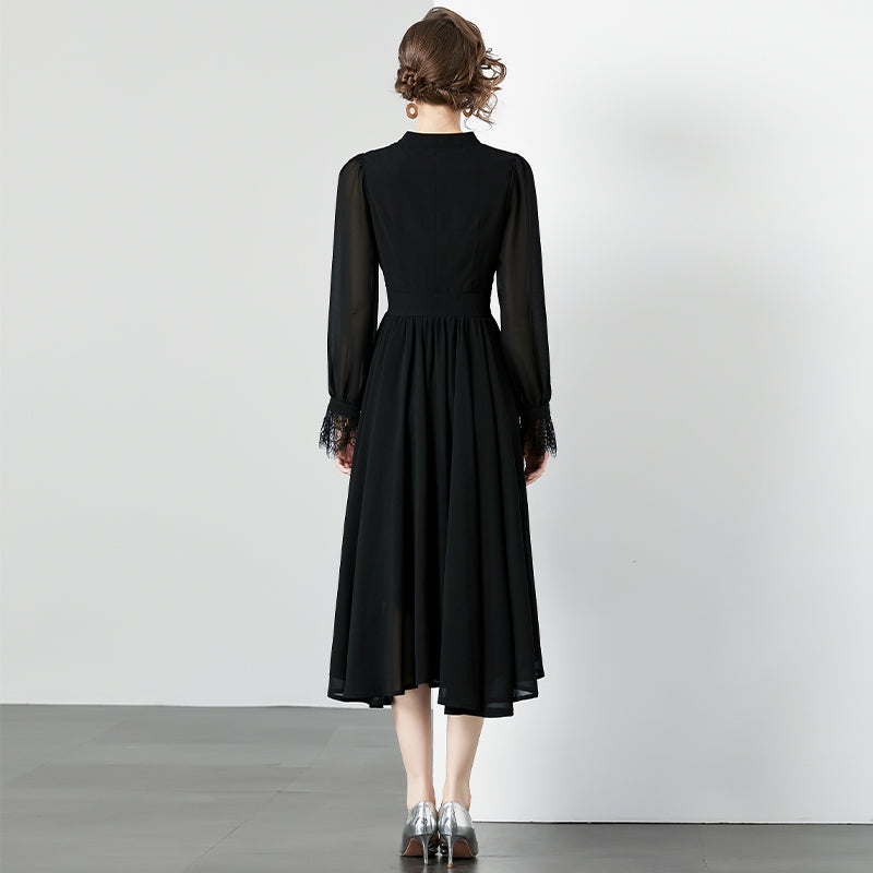 CM-DY095110 Women Elegant European Style Stand Collar Lace Embroidery Midi Dress