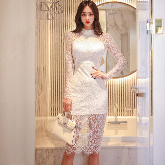 CM-DY095112 Women Elegant Seoul Style Lace Stand Collar Long Sleeve Slim Dress - White