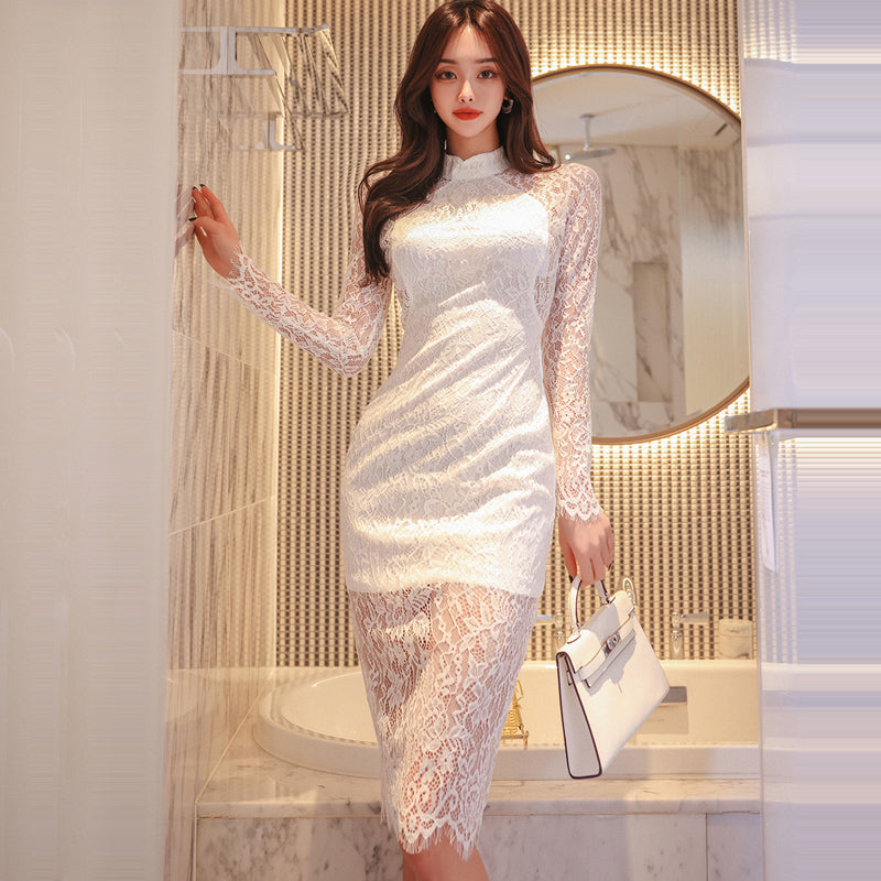 CM-DY095112 Women Elegant Seoul Style Lace Stand Collar Long Sleeve Slim Dress - White