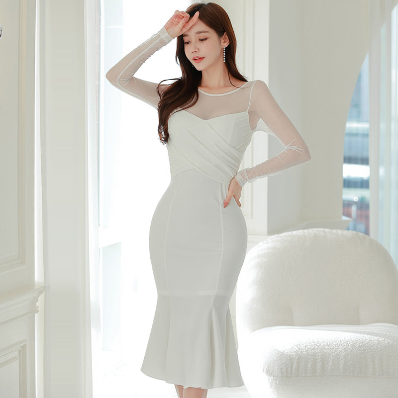 CM-DY095113 Women Elegant Seoul Style Gauze Round Neck Long Sleeve Slim Dress - White