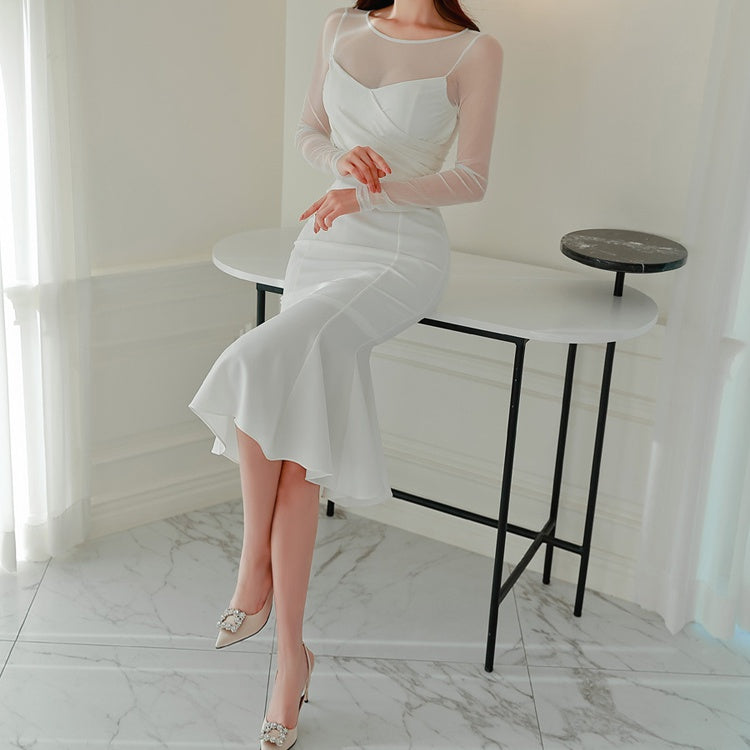 CM-DY095113 Women Elegant Seoul Style Gauze Round Neck Long Sleeve Slim Dress - White