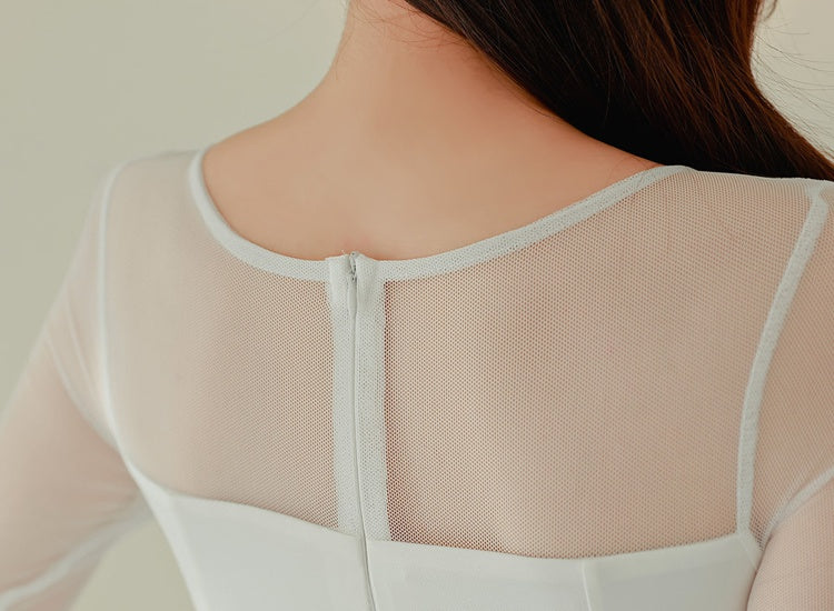 CM-DY095113 Women Elegant Seoul Style Gauze Round Neck Long Sleeve Slim Dress - White