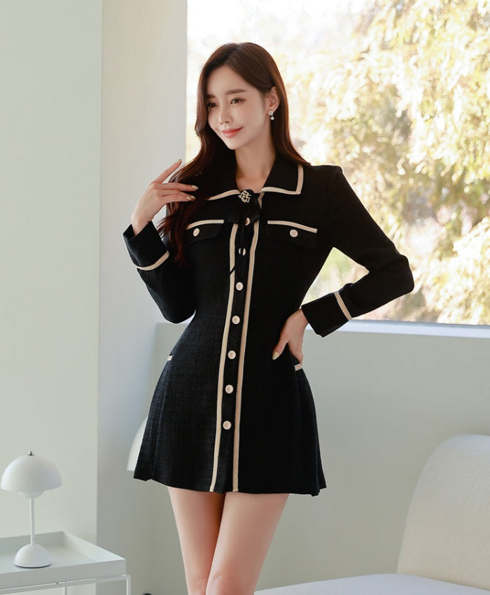 CM-DY095131 Women Elegant Seoul Style Collar Neckline Long Sleeve Mini Dress - Black