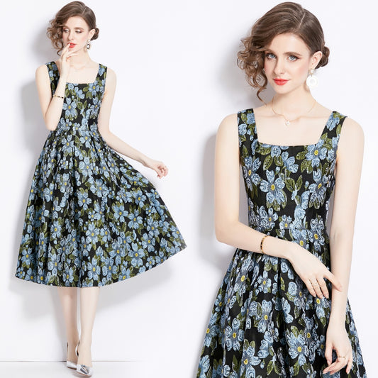 CM-DY095139 Women Elegant European Style Jacquard Square Neckline Sleeveless Midi Dress