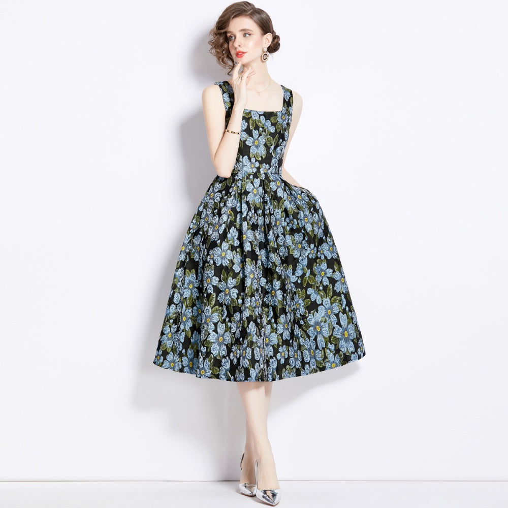 CM-DY095139 Women Elegant European Style Jacquard Square Neckline Sleeveless Midi Dress