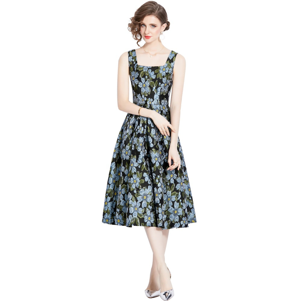 CM-DY095139 Women Elegant European Style Jacquard Square Neckline Sleeveless Midi Dress