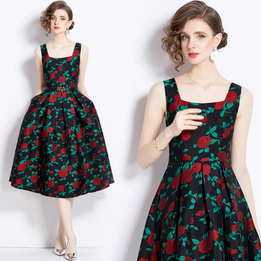 CM-DY095140 Women Elegant European Style Jacquard Square Neckline Sleeveless Midi Dress