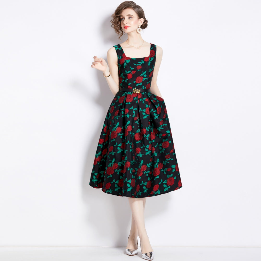 CM-DY095140 Women Elegant European Style Jacquard Square Neckline Sleeveless Midi Dress