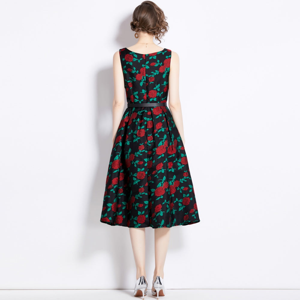 CM-DY095140 Women Elegant European Style Jacquard Square Neckline Sleeveless Midi Dress