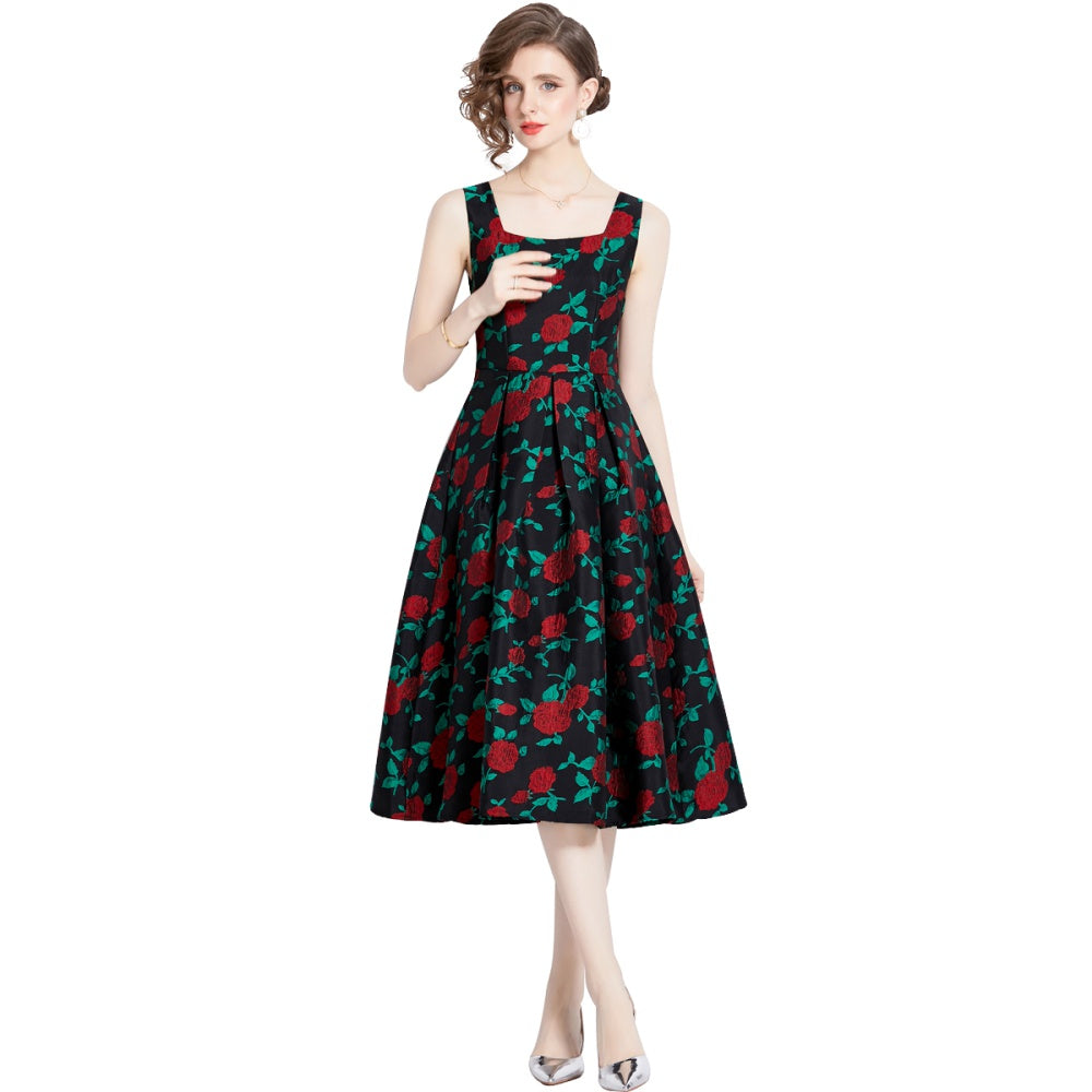 CM-DY095140 Women Elegant European Style Jacquard Square Neckline Sleeveless Midi Dress