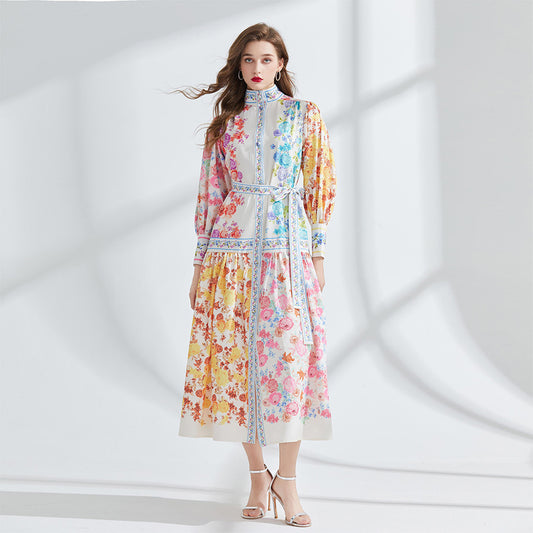 CM-DY095170 Women Elegant European Style Stand Collar Lantern Sleeve Long Dress