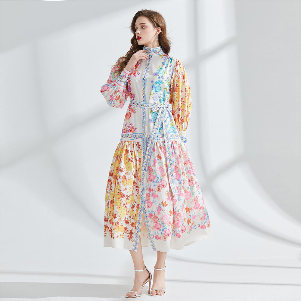 CM-DY095170 Women Elegant European Style Stand Collar Lantern Sleeve Long Dress