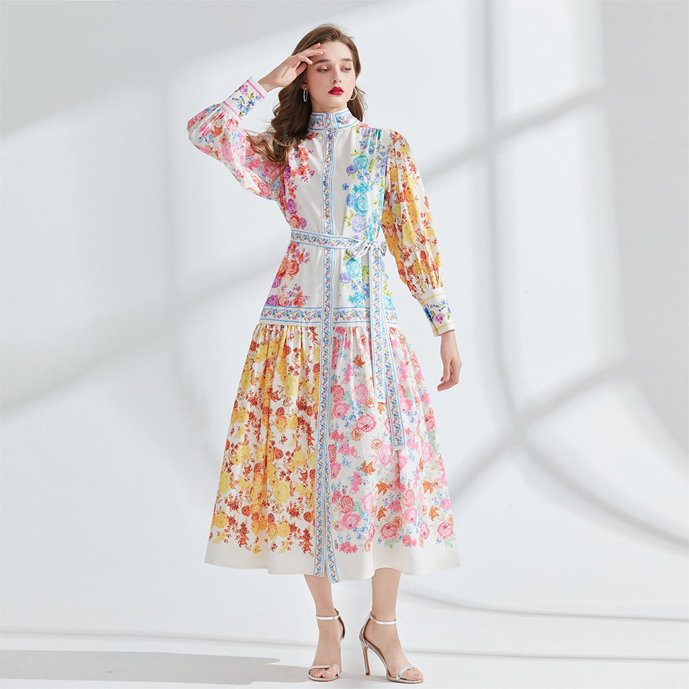 CM-DY095170 Women Elegant European Style Stand Collar Lantern Sleeve Long Dress