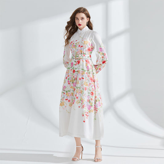 CM-DY095174 Women Elegant European Style Stand Collar Long Sleeve Maxi Dress - White