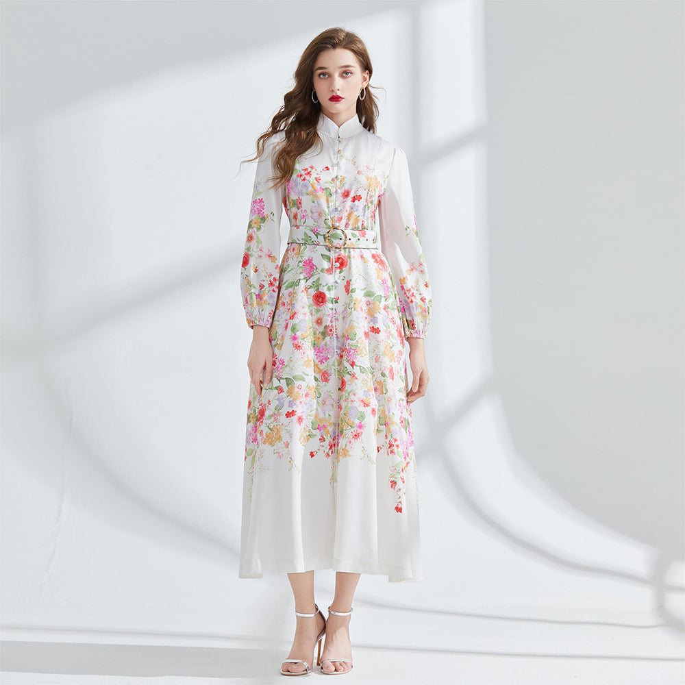 CM-DY095174 Women Elegant European Style Stand Collar Long Sleeve Maxi Dress - White