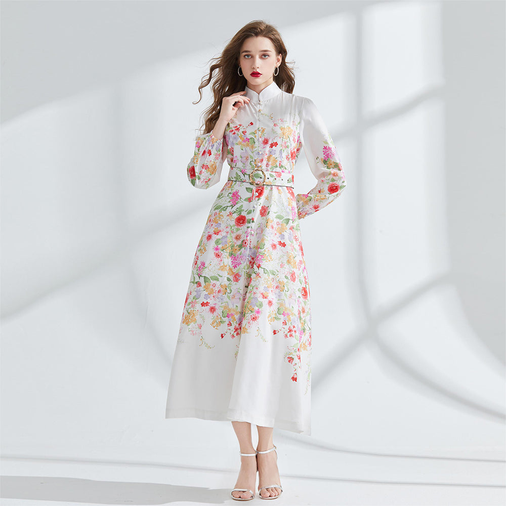 CM-DY095174 Women Elegant European Style Stand Collar Long Sleeve Maxi Dress - White