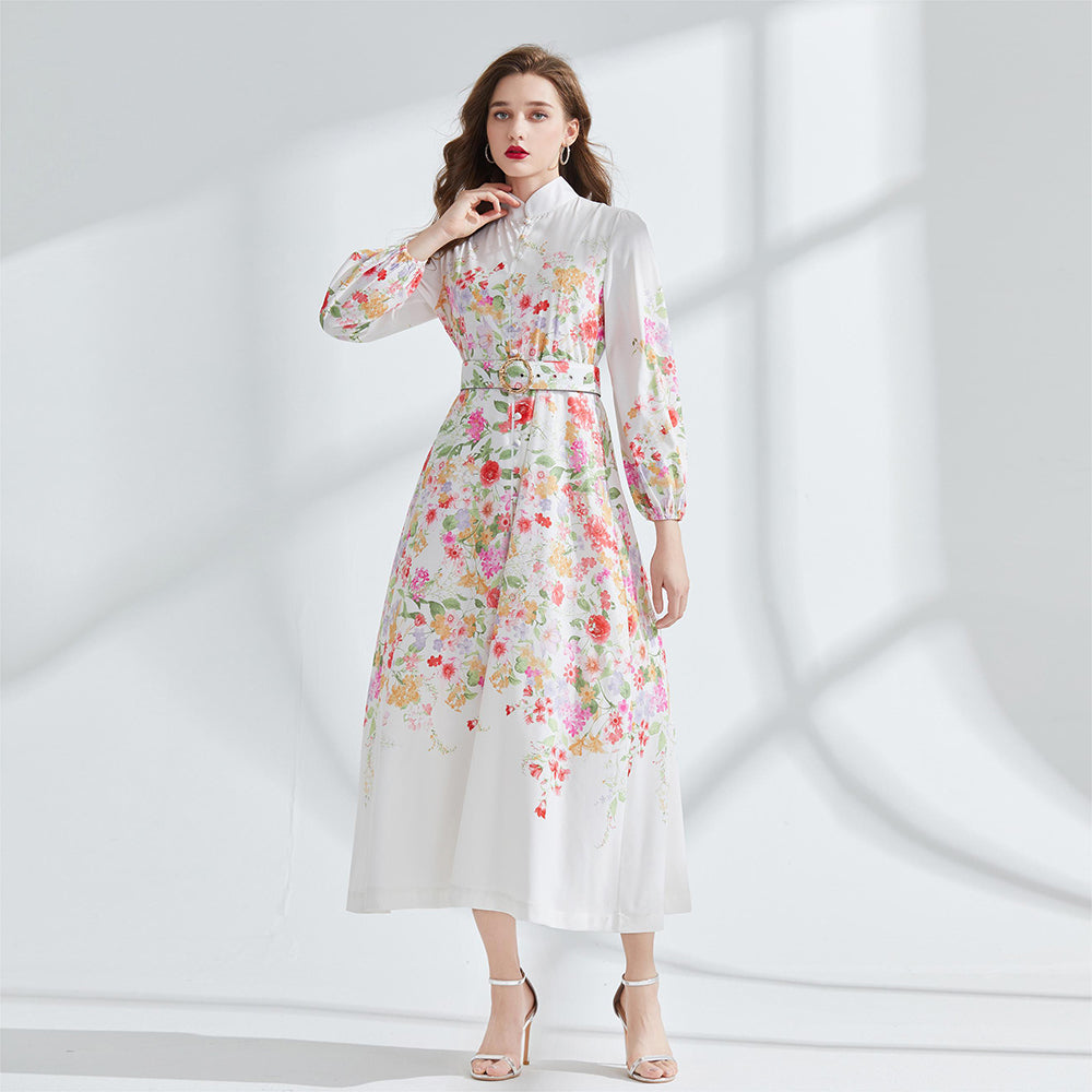 CM-DY095174 Women Elegant European Style Stand Collar Long Sleeve Maxi Dress - White