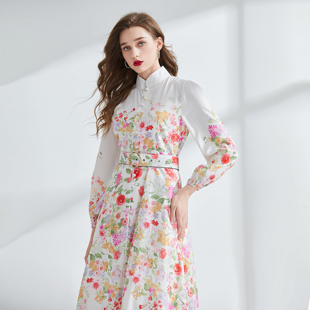 CM-DY095174 Women Elegant European Style Stand Collar Long Sleeve Maxi Dress - White