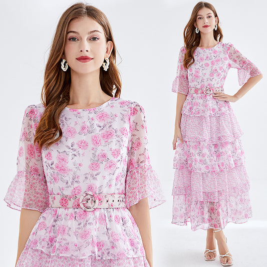 CM-DY095324 Women Elegant European Style Round Neck Trumpet Sleeve Long Dress - Pink
