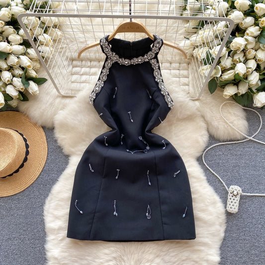 CM-DY095638 Women Elegant European Style Rhinestone Beading Sleeveless Mini Dress - Black