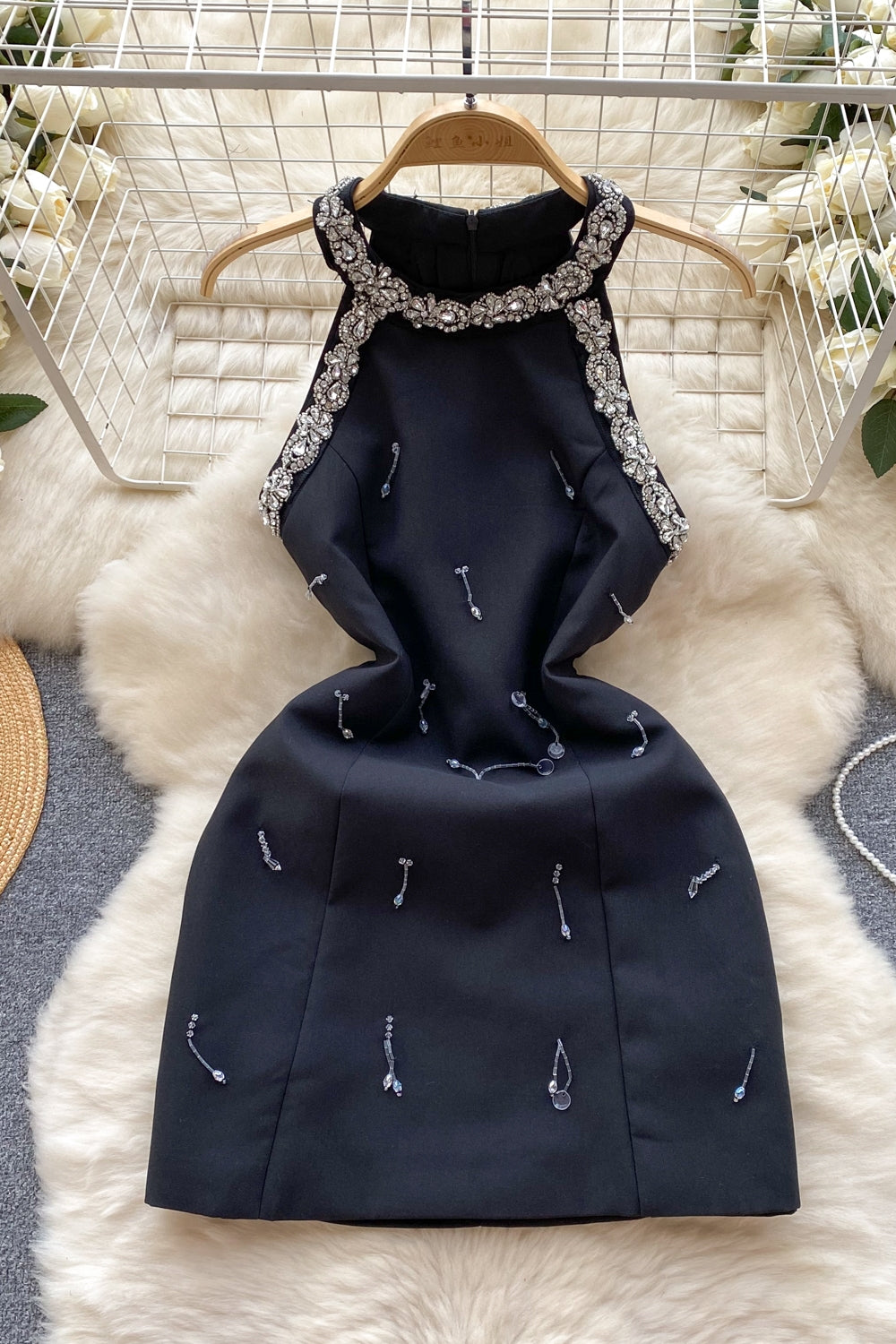 CM-DY095638 Women Elegant European Style Rhinestone Beading Sleeveless Mini Dress - Black
