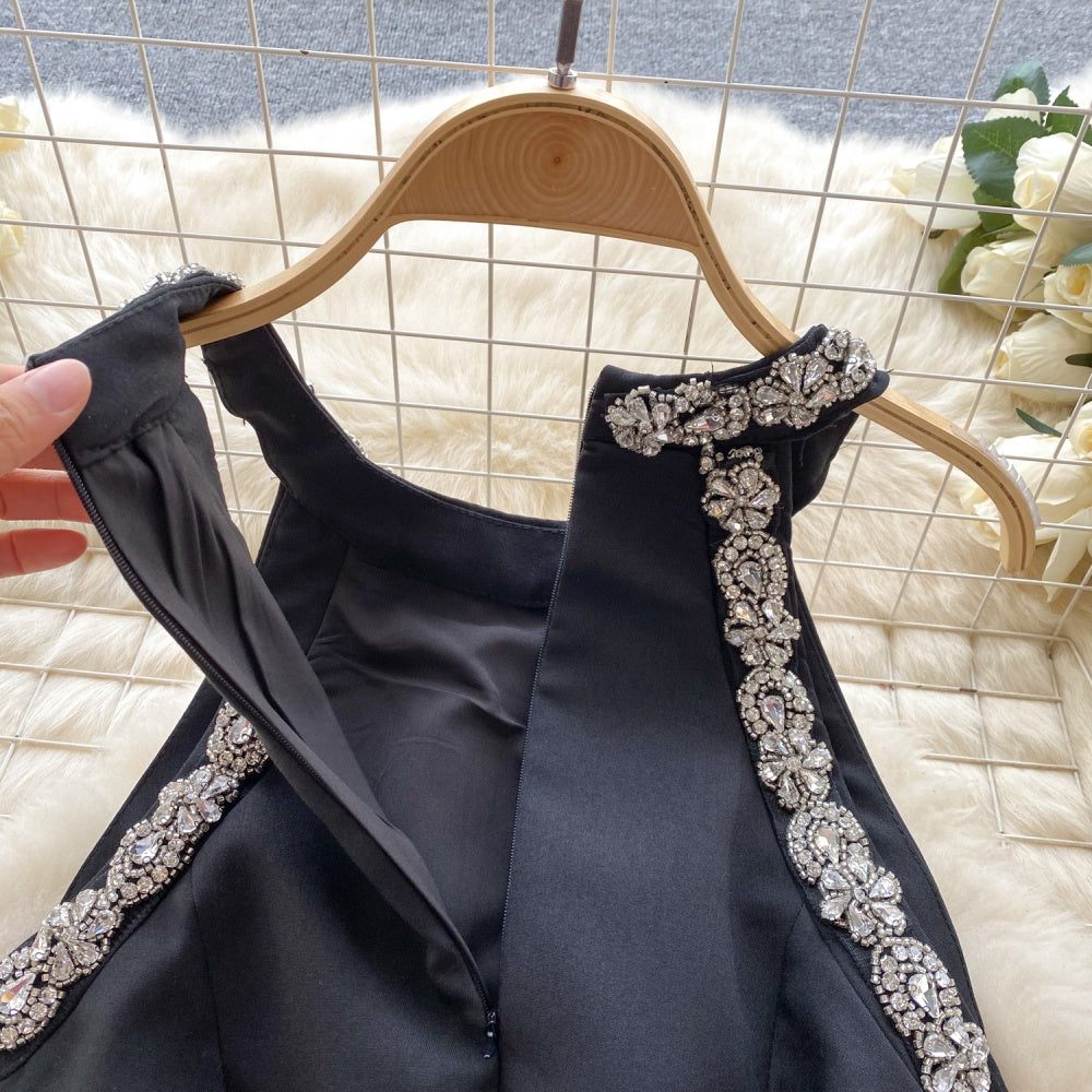 CM-DY095638 Women Elegant European Style Rhinestone Beading Sleeveless Mini Dress - Black
