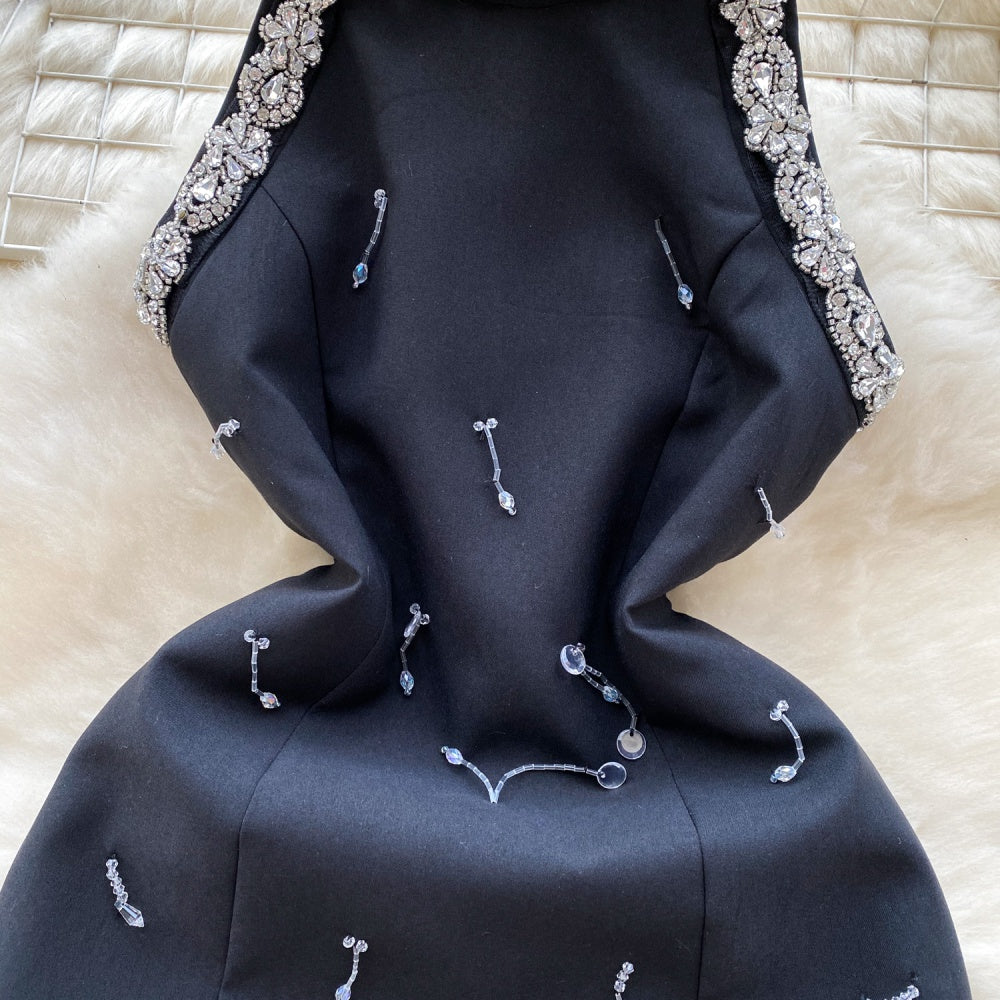 CM-DY095638 Women Elegant European Style Rhinestone Beading Sleeveless Mini Dress - Black