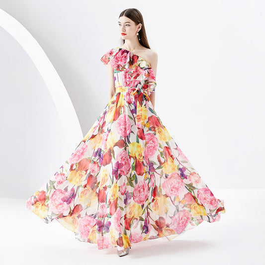 CM-DY096116  Women Elegant European Style Floral Prints Horizontal Collar Sleeveless Dress