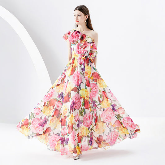 CM-DY096116 Women Elegant European Style Floral Prints Horizontal Collar Sleeveless Dress