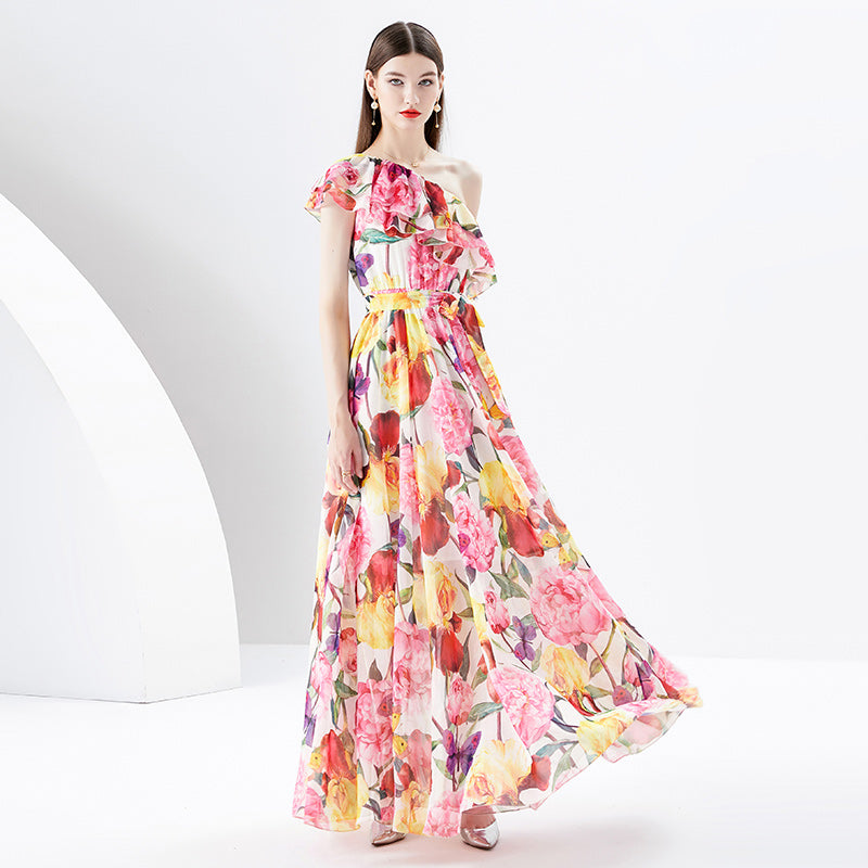 CM-DY096116  Women Elegant European Style Floral Prints Horizontal Collar Sleeveless Dress
