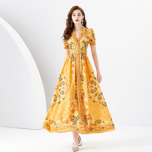 CM-DY096149 Women Elegant European Style Printing Short Sleeve Maxi Dress - Yellow